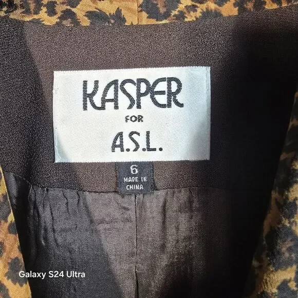 Kasper for A.S.L. Women's Brown Double Breasted Blazer Leopard Trim Size 6 - Picture 3 of 10